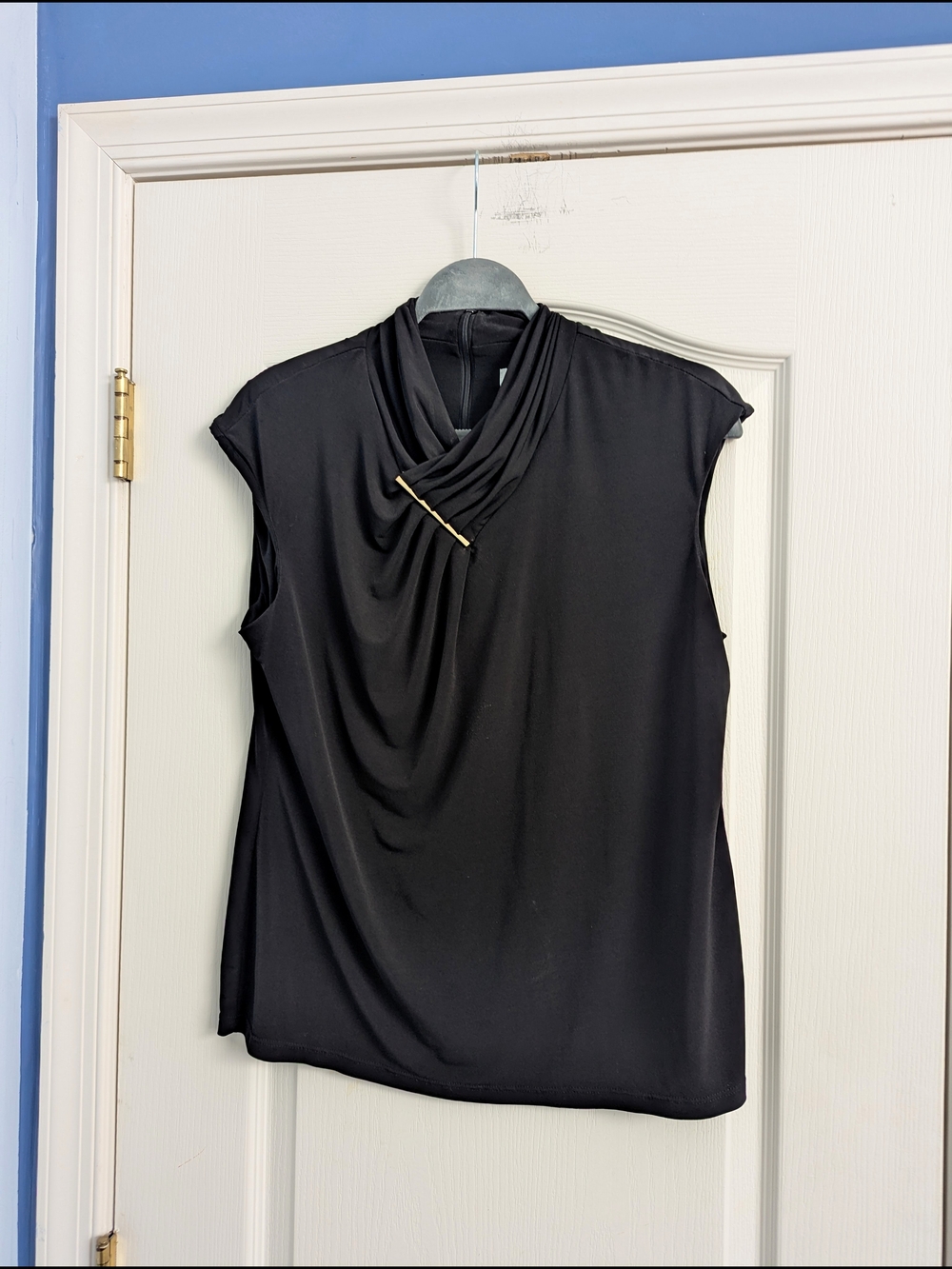 Calvin Klein Black Sleeveless Draped Tank with Gold Accent Bar